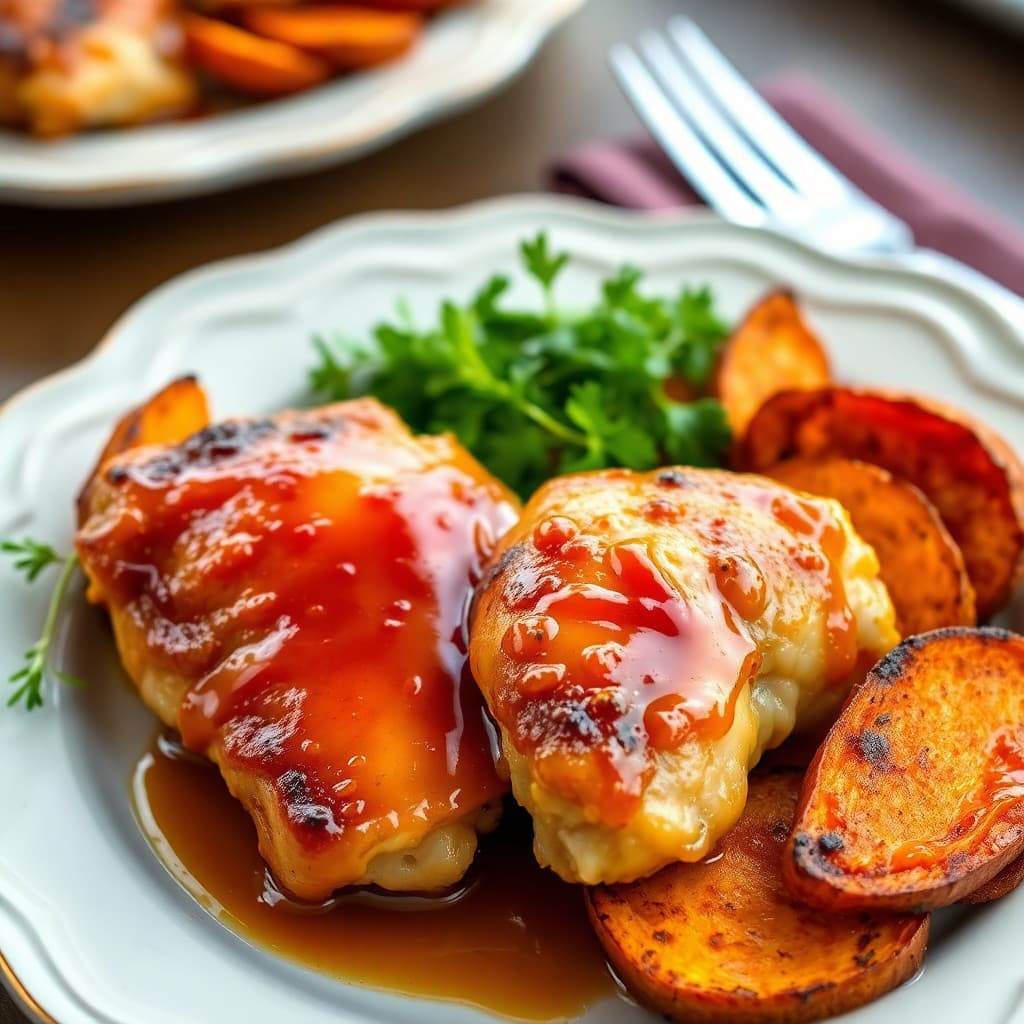 Honey Garlic Glazed Chicken Thighs with Roasted Sweet Potato Wedges