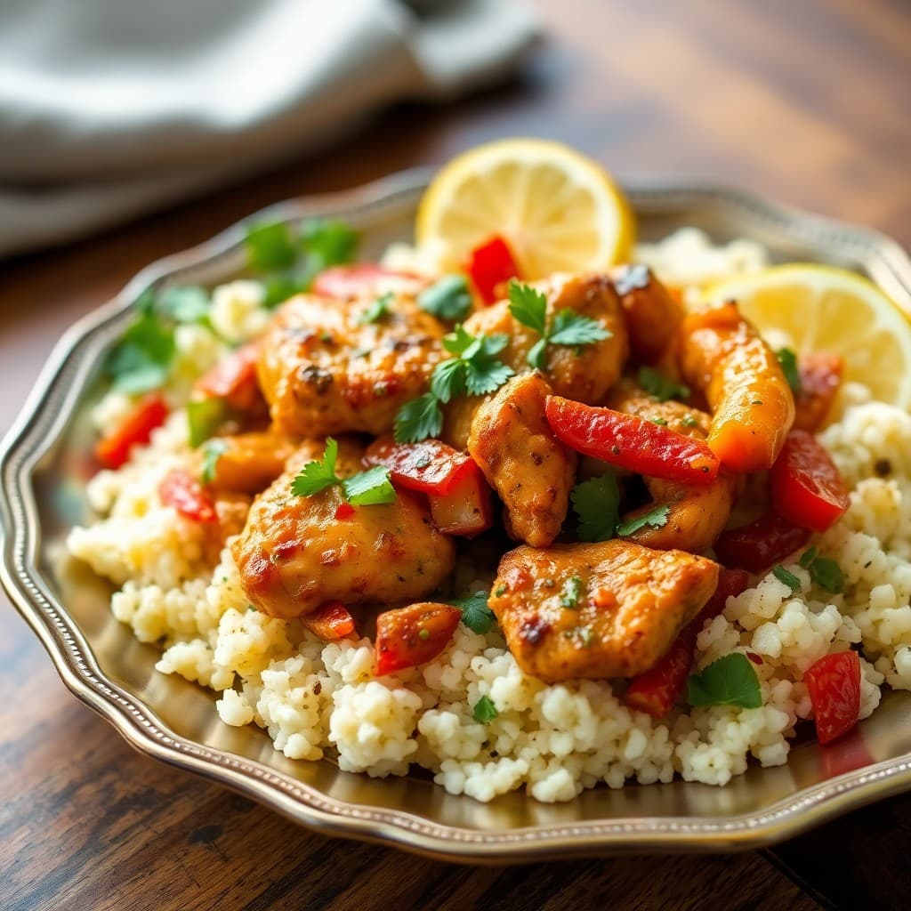 Zesty Lemon Chicken Fajitas with Garlicky Cauliflower Rice