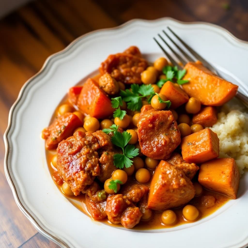 Moroccan Spiced Chicken Tagine with Roasted Sweet Potatoes