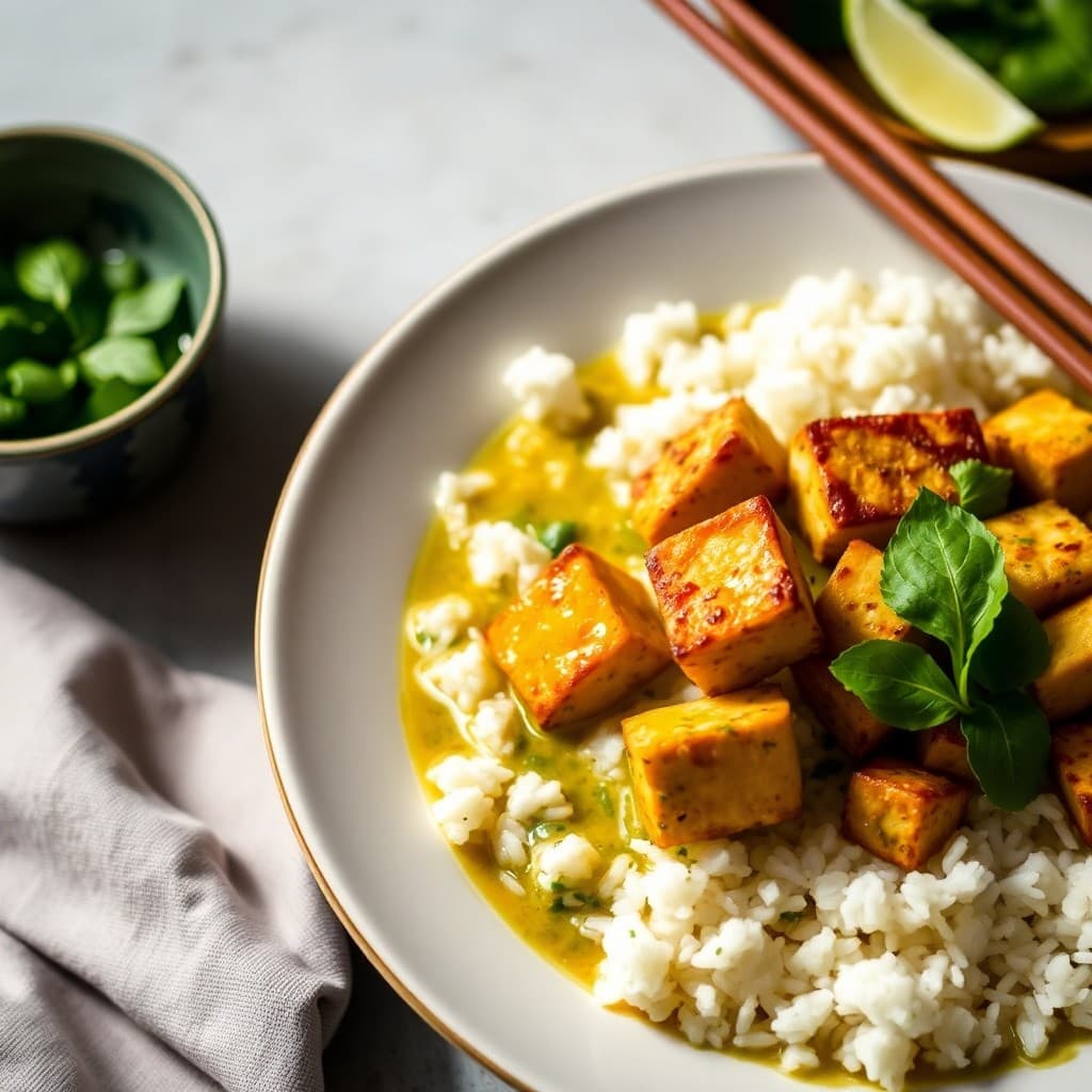 Thai Green Curry Coconut Stew with Crispy Tofu & Jasmine Rice