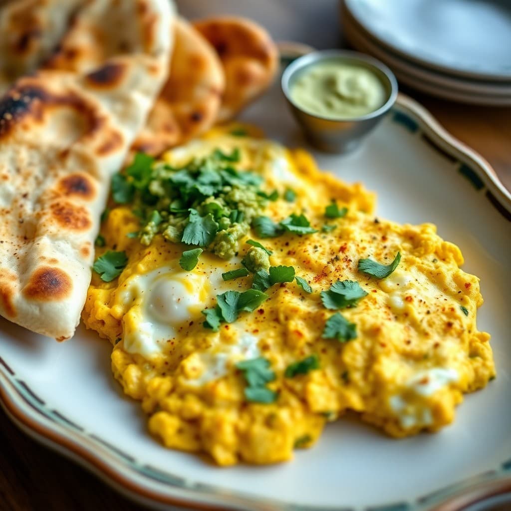 Indian Masala Scrambled Eggs with Cilantro Chutney & Toasted Naan