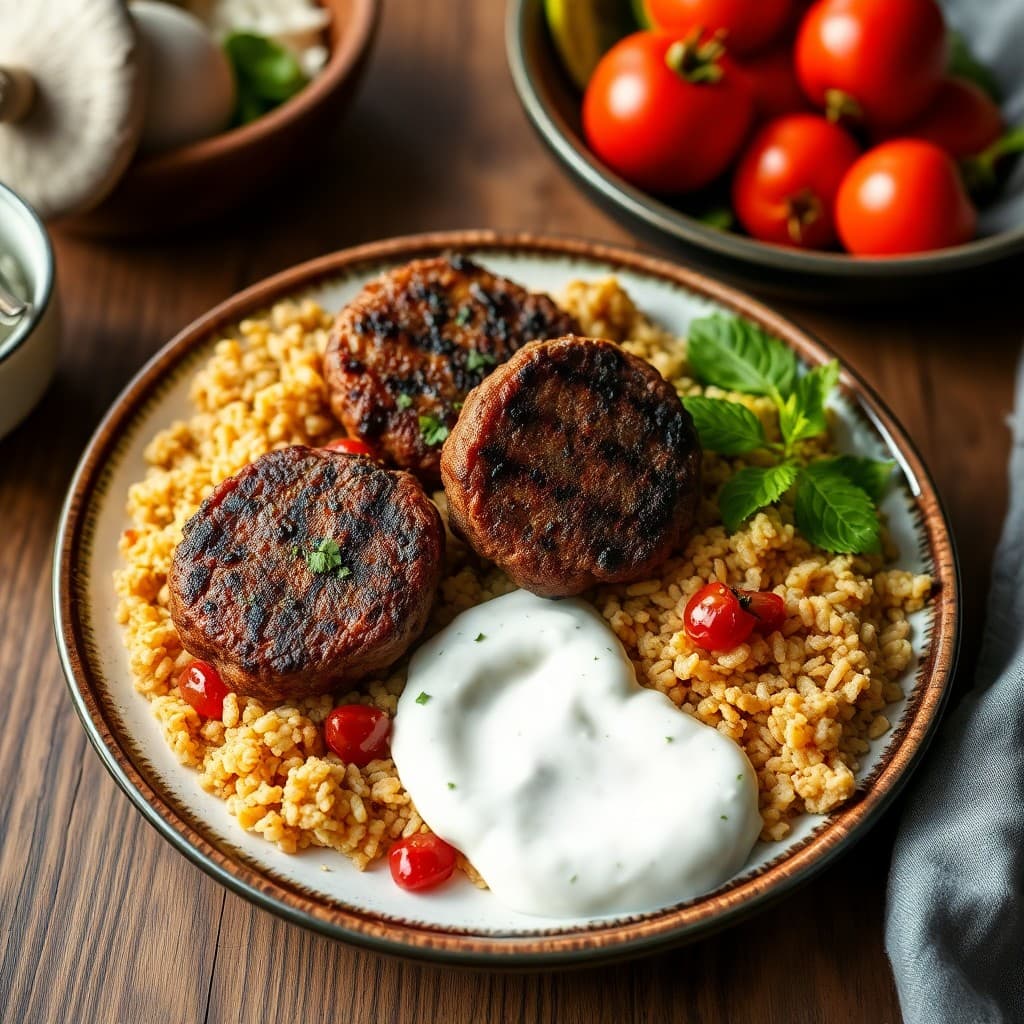 Grilled Lamb Köfte with Charred Tomato Bulgur & Whipped Garlic Yogurt