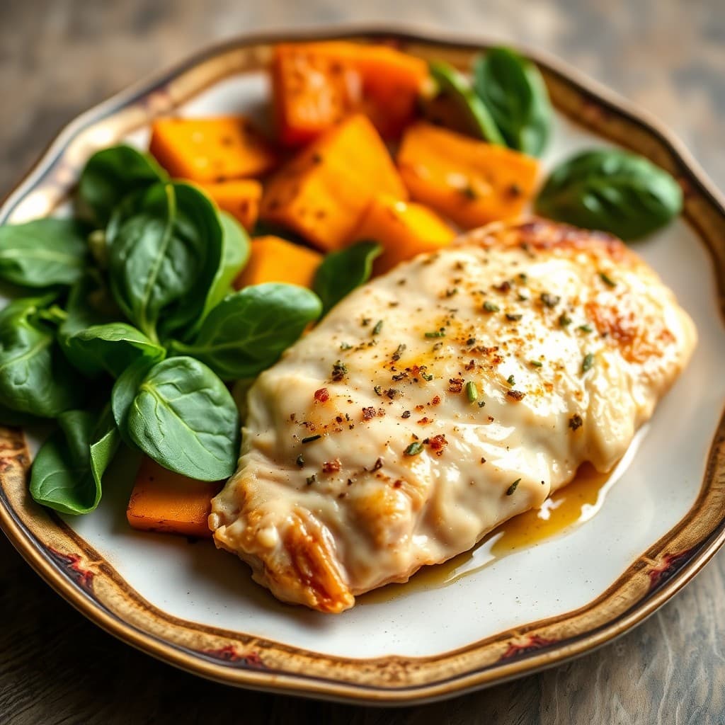 Garlic-Herb Baked Chicken with Roasted Butternut Squash and Spinach Salad