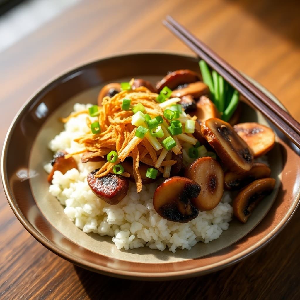Japanese Miso-Glazed Tempeh & Mushroom Donburi with Crispy Shallots