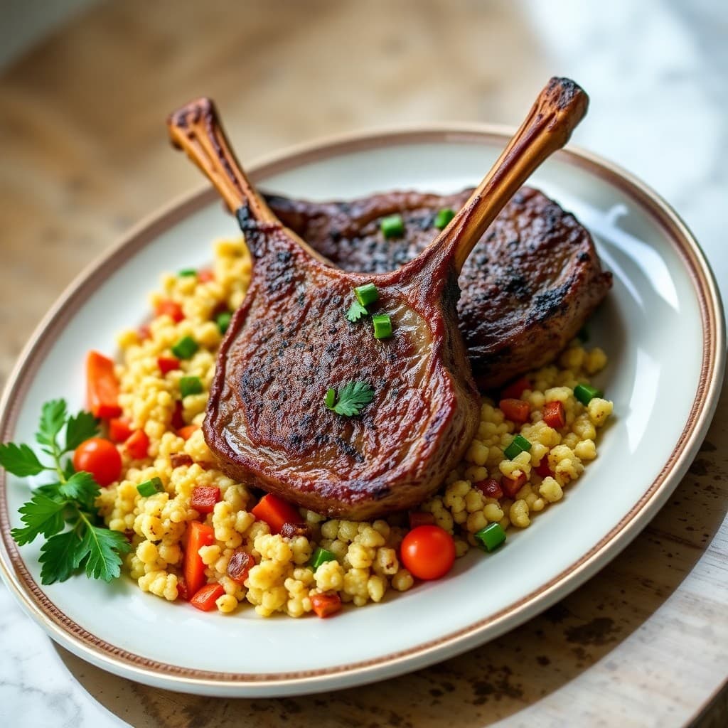 Seared Moroccan Lamb Chops with Roasted Vegetable Couscous