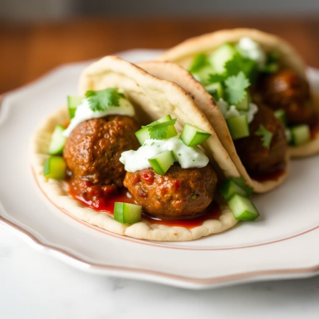 Moroccan Spiced Lamb Meatball Pitas with Creamy Cucumber Salad