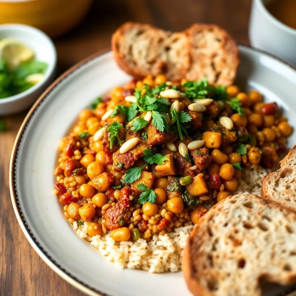 Turkish Shakshuka-Style Chickpea & Farro Breakfast with Crispy Tempeh & Herb Oil