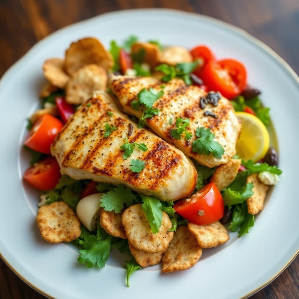 Lebanese Spiced Chicken Fattoush with Crispy Pita Chips & Sumac Vinaigrette