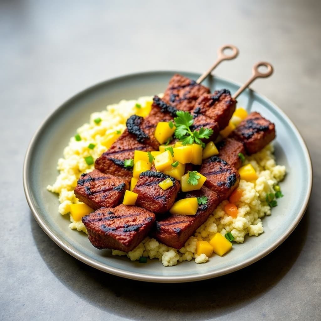 Grilled Bison Skewers with Mango Salsa and Cauliflower Couscous
