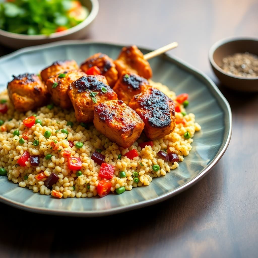 Zesty Moroccan Chicken Skewers with Roasted Veggie Couscous