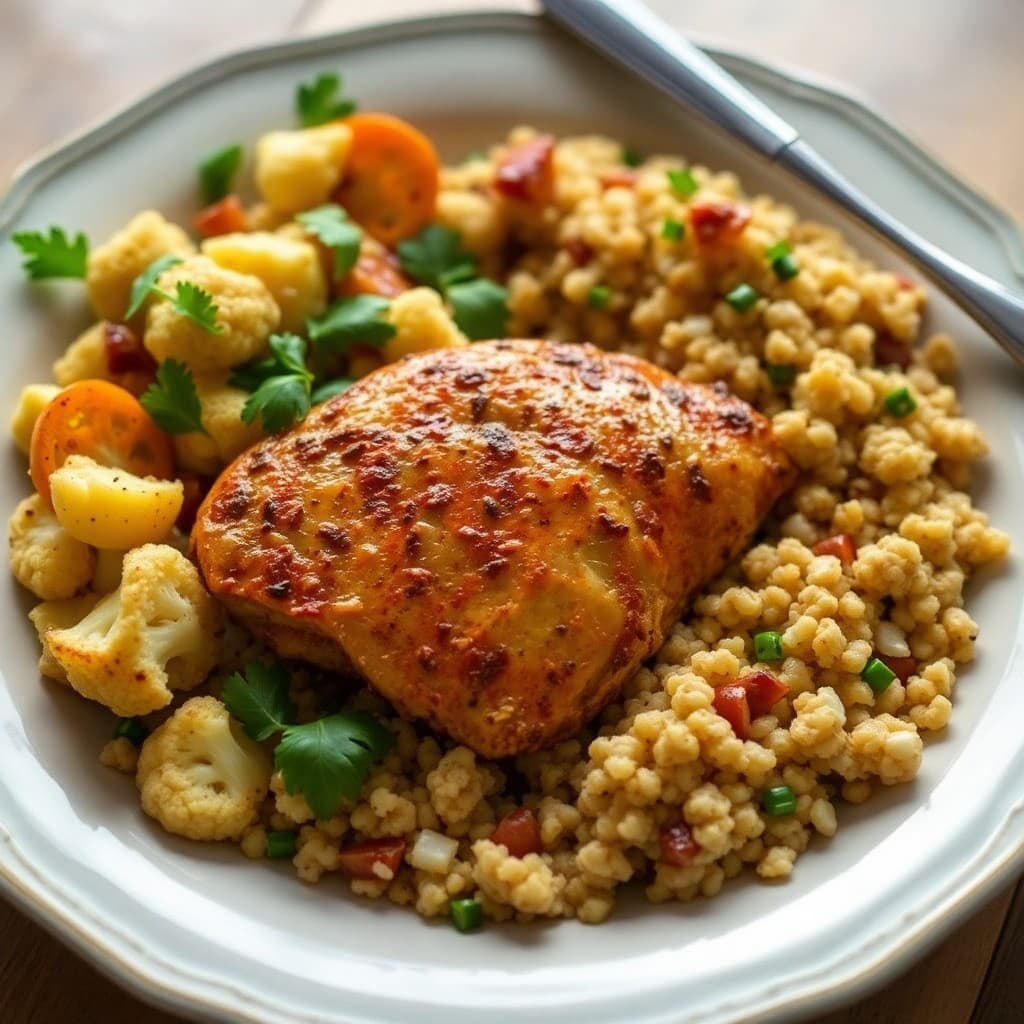 Moroccan Spiced Chicken with Roasted Cauliflower and Bulgur Salad