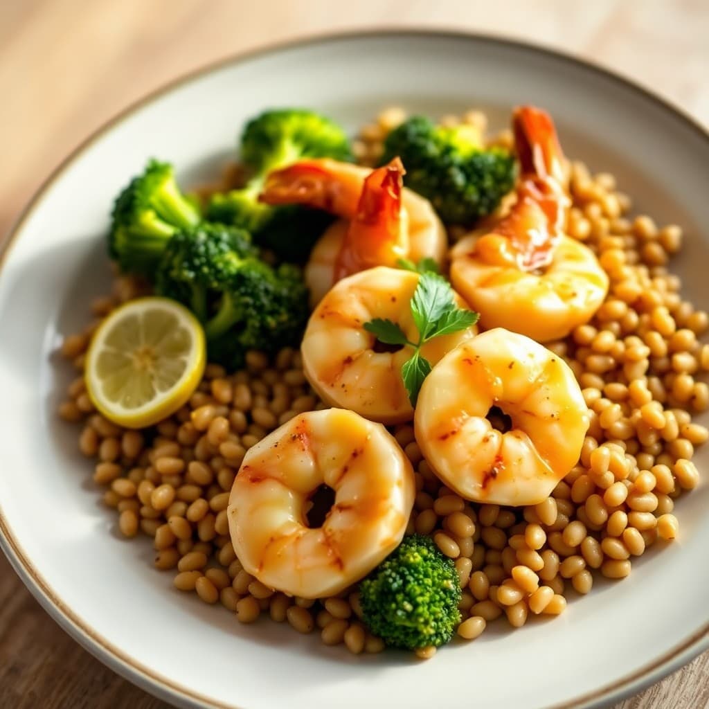 Seared Lemon Garlic Shrimp with Roasted Broccoli and Farro