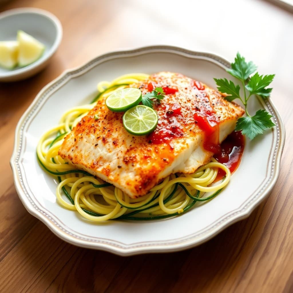 Seared Chili Lime Tilapia with Roasted Garlic Zucchini Noodles