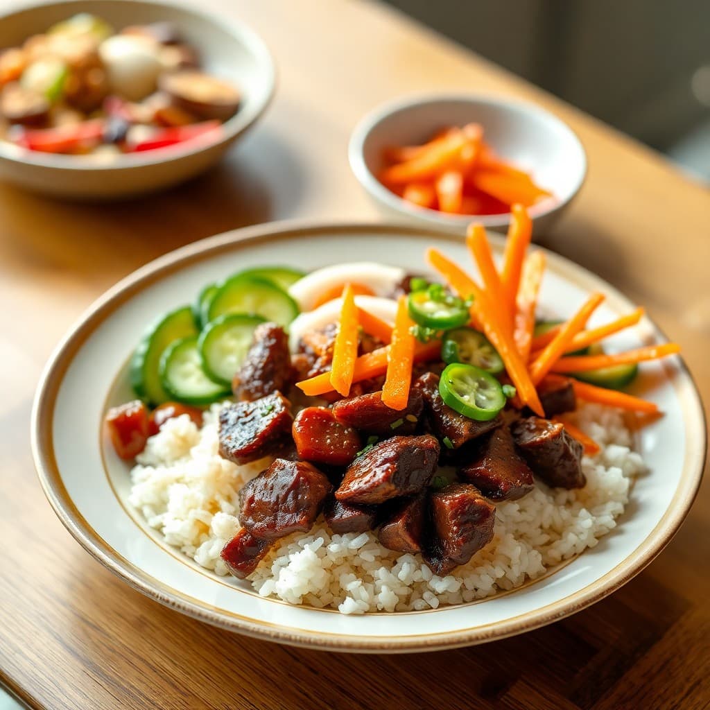 Korean Beef Bulgogi Bowl with Crispy Rice & Sesame Vegetables