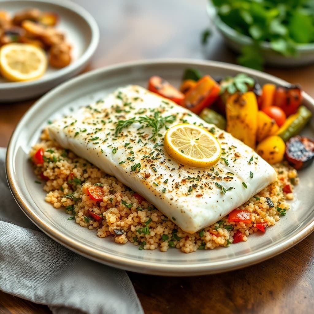 Lemon-Herb Roasted Halibut with Quinoa and Roasted Veggies