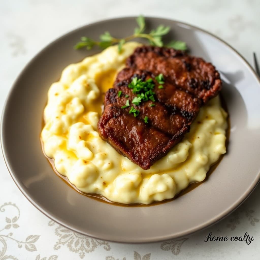 Roasted Garlic and Cauliflower Mash with Seared Steak