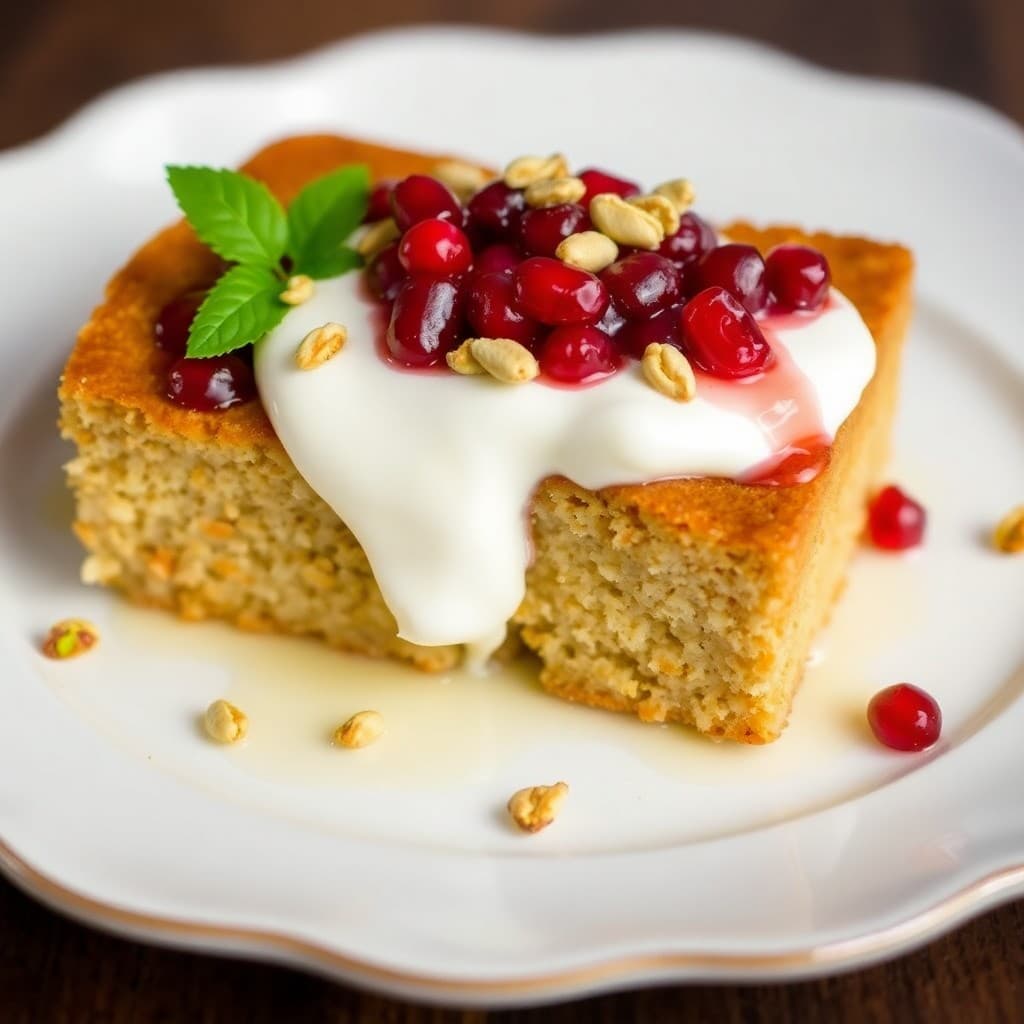 Moroccan Spiced Semolina Cake with Almond Cream & Pomegranate Compote
