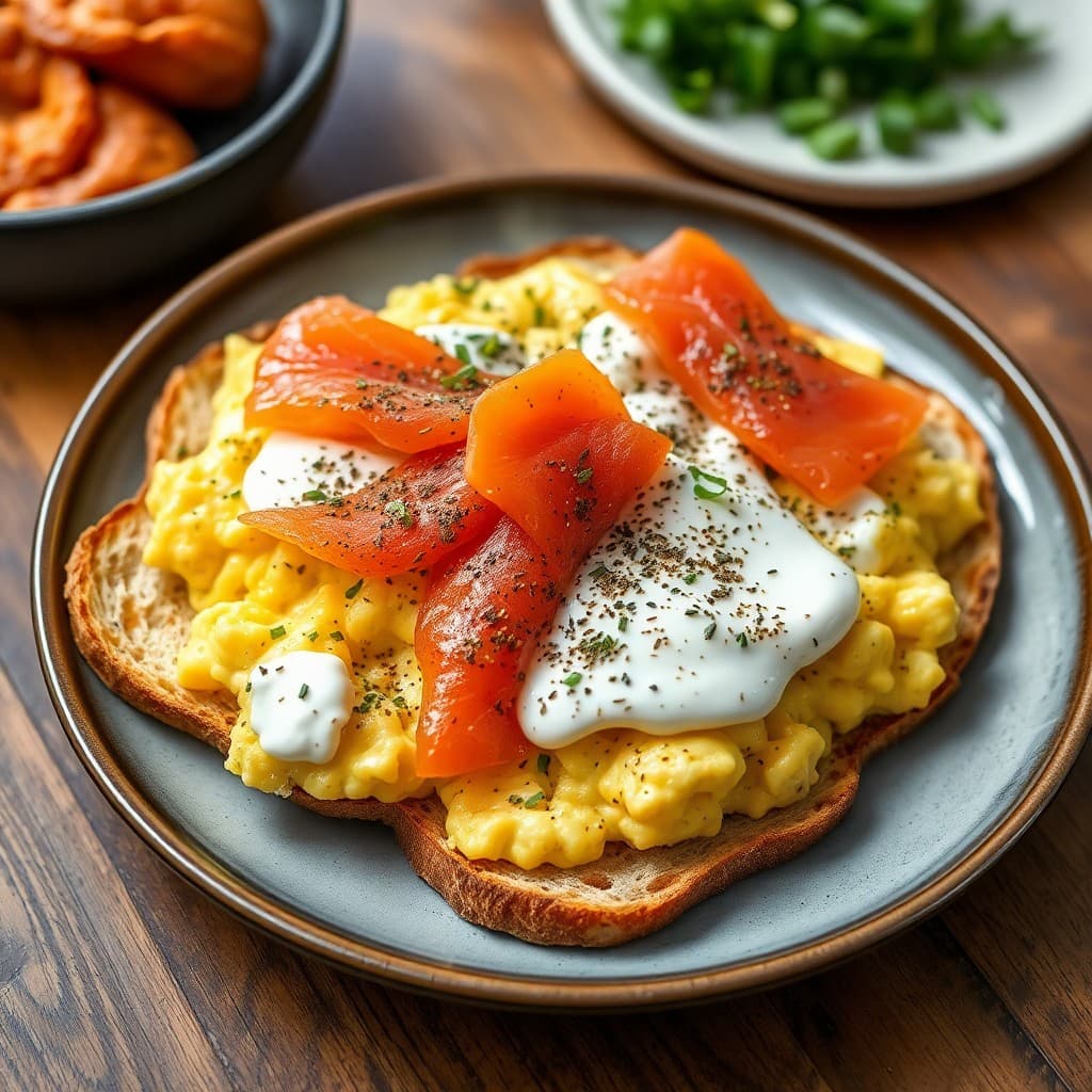 Lebanese Za'atar Scrambled Eggs with Crispy Smoked Salmon & Labneh Toast
