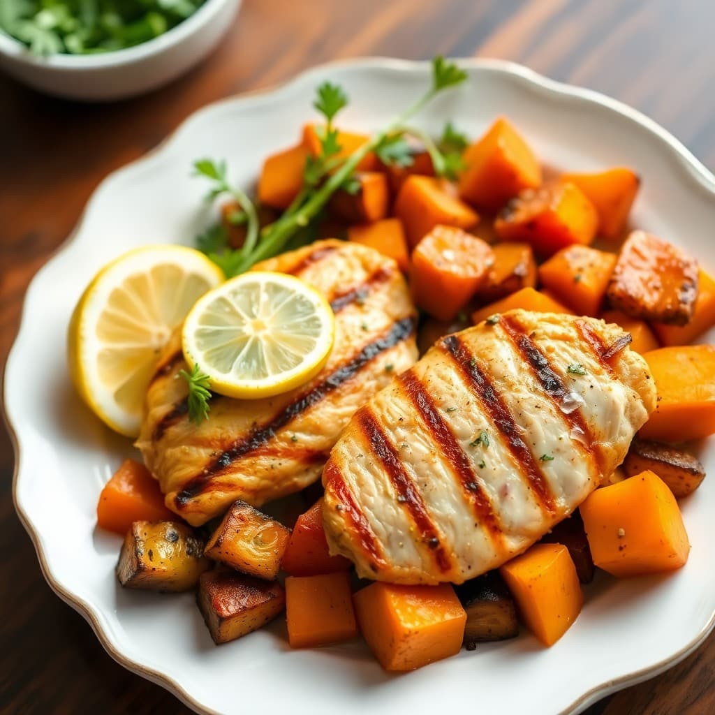 Zesty Lemon Garlic Grilled Chicken with Roasted Sweet Potato Medley