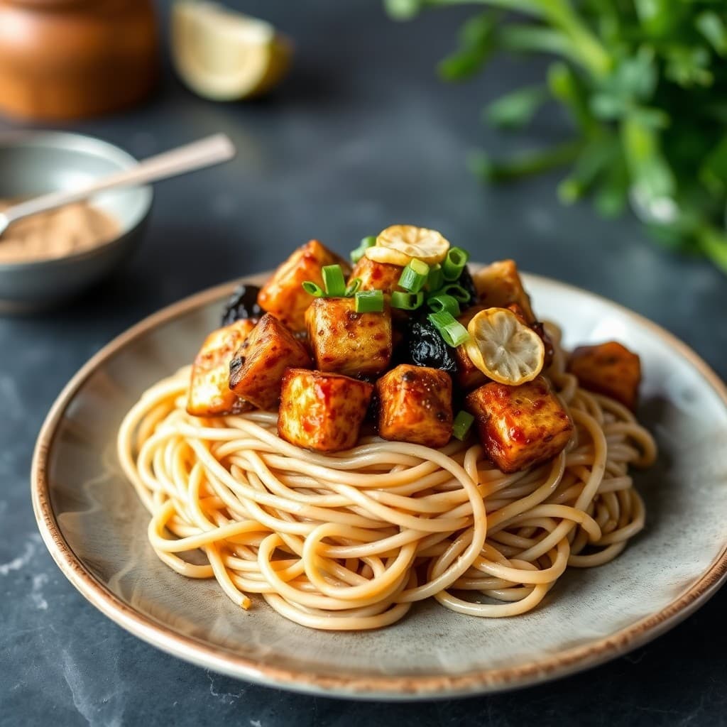 Japanese Miso-Glazed Eggplant & Crispy Tofu Stir-Fry with Soba Noodles