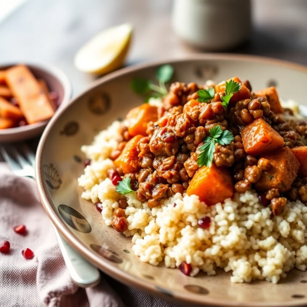 Moroccan-Spiced Lentil & Seitan Tagine with Pomegranate & Roasted Root Vegetables