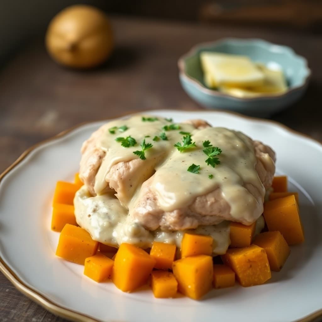 Creamy Garlic Chicken with Roasted Butternut Squash