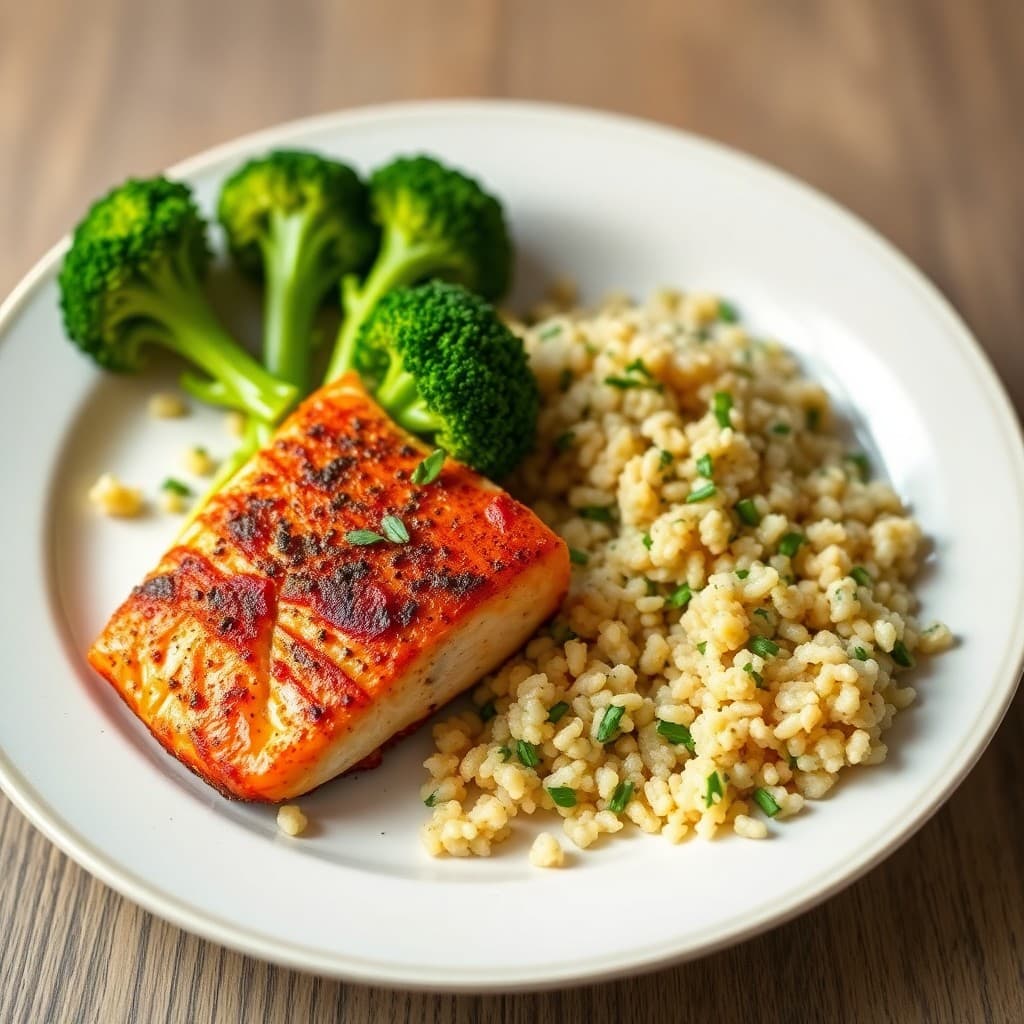 Seared Chili-Lime Salmon with Roasted Broccoli and Quinoa Pilaf