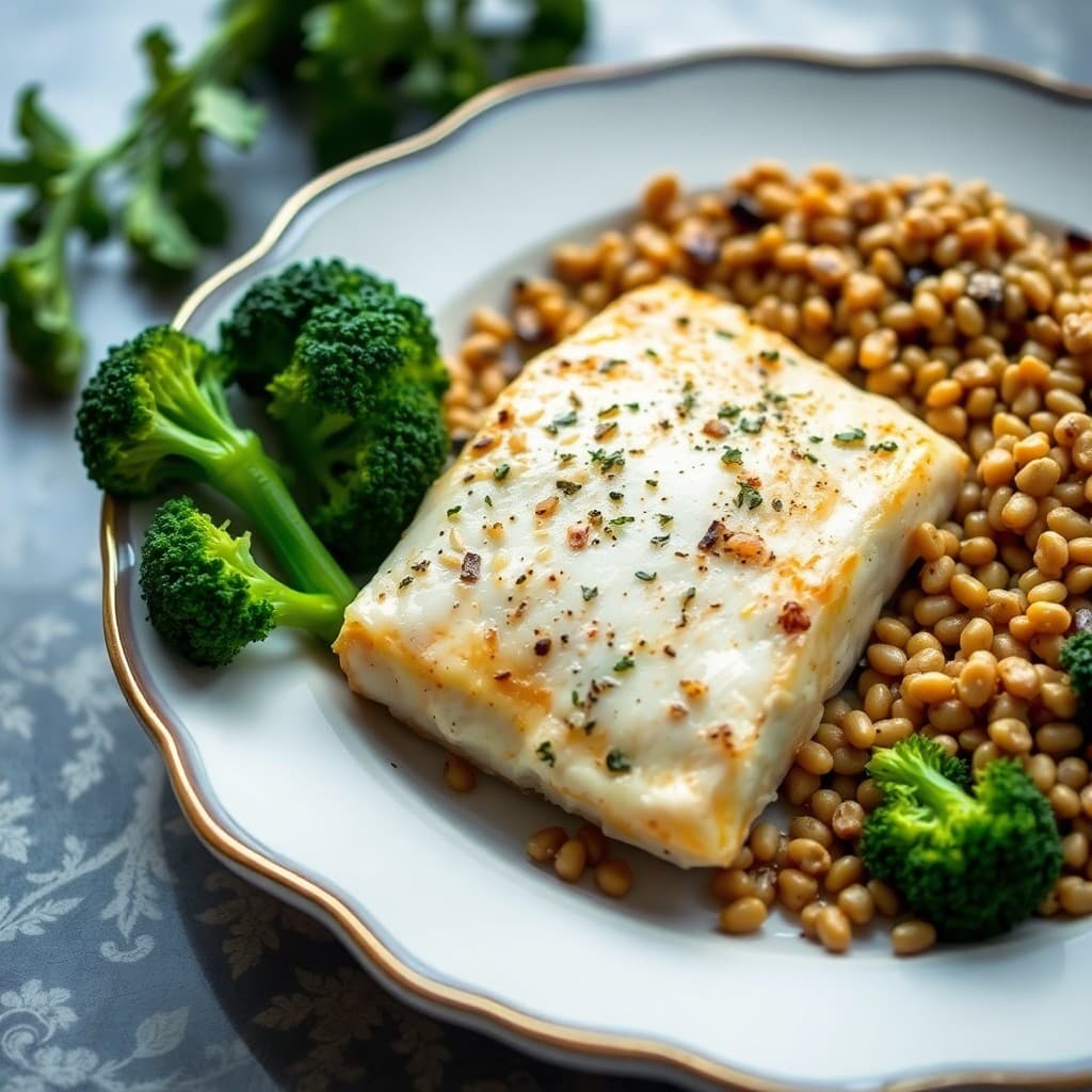 Lemon Garlic Baked Tilapia with Roasted Broccoli and Farro