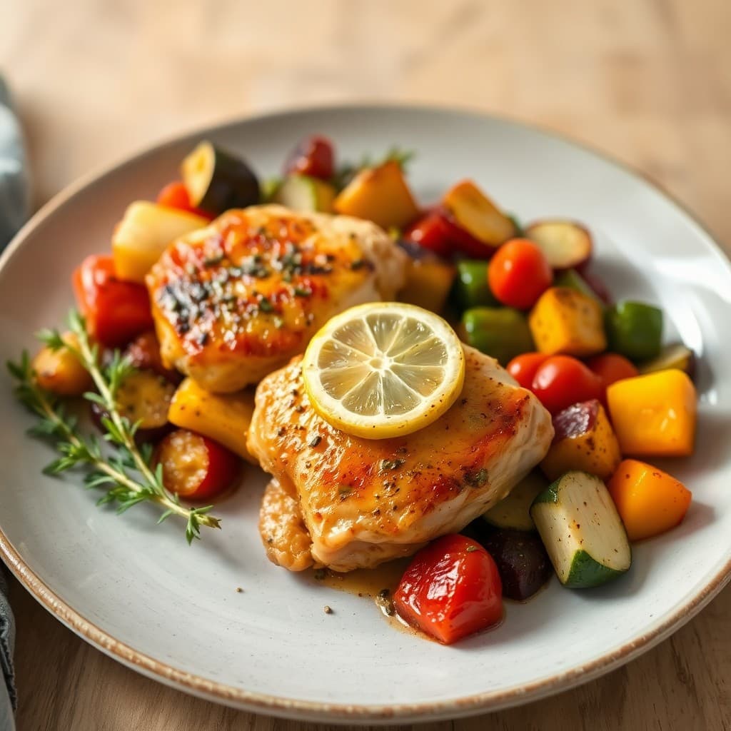 Baked Lemon-Herb Chicken Thighs with Roasted Veggies