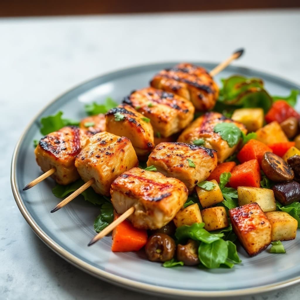 Moroccan-Spiced Chicken Skewers with Roasted Vegetable Salad