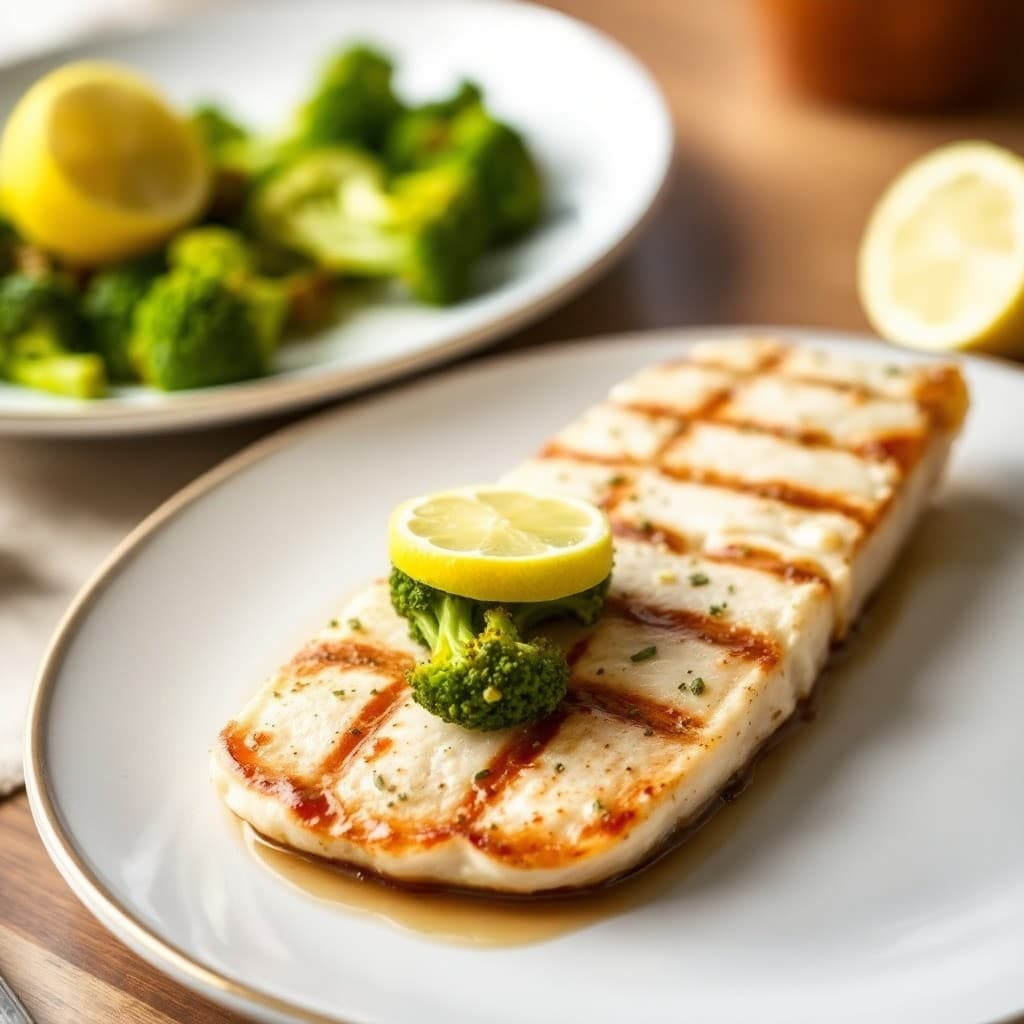 Zesty Lemon-Herb Grilled Halibut with Roasted Garlic Broccoli