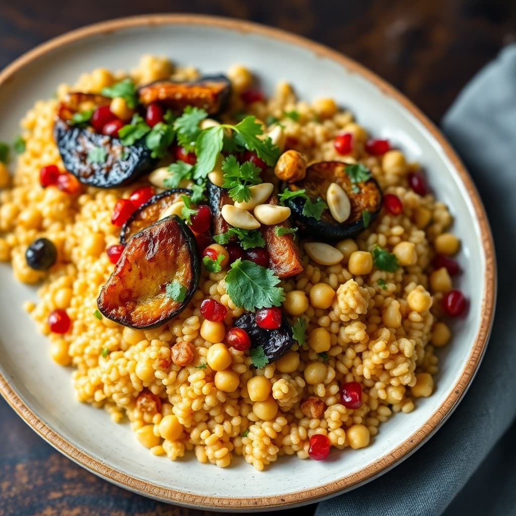 Saffron-Kissed Chickpea & Millet Pilaf with Charred Eggplant & Pomegranate