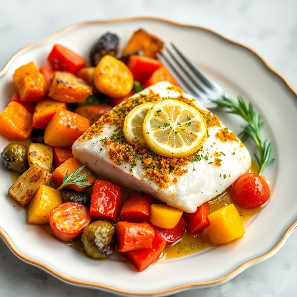 Zesty Baked Halibut with Roasted Veggie Medley