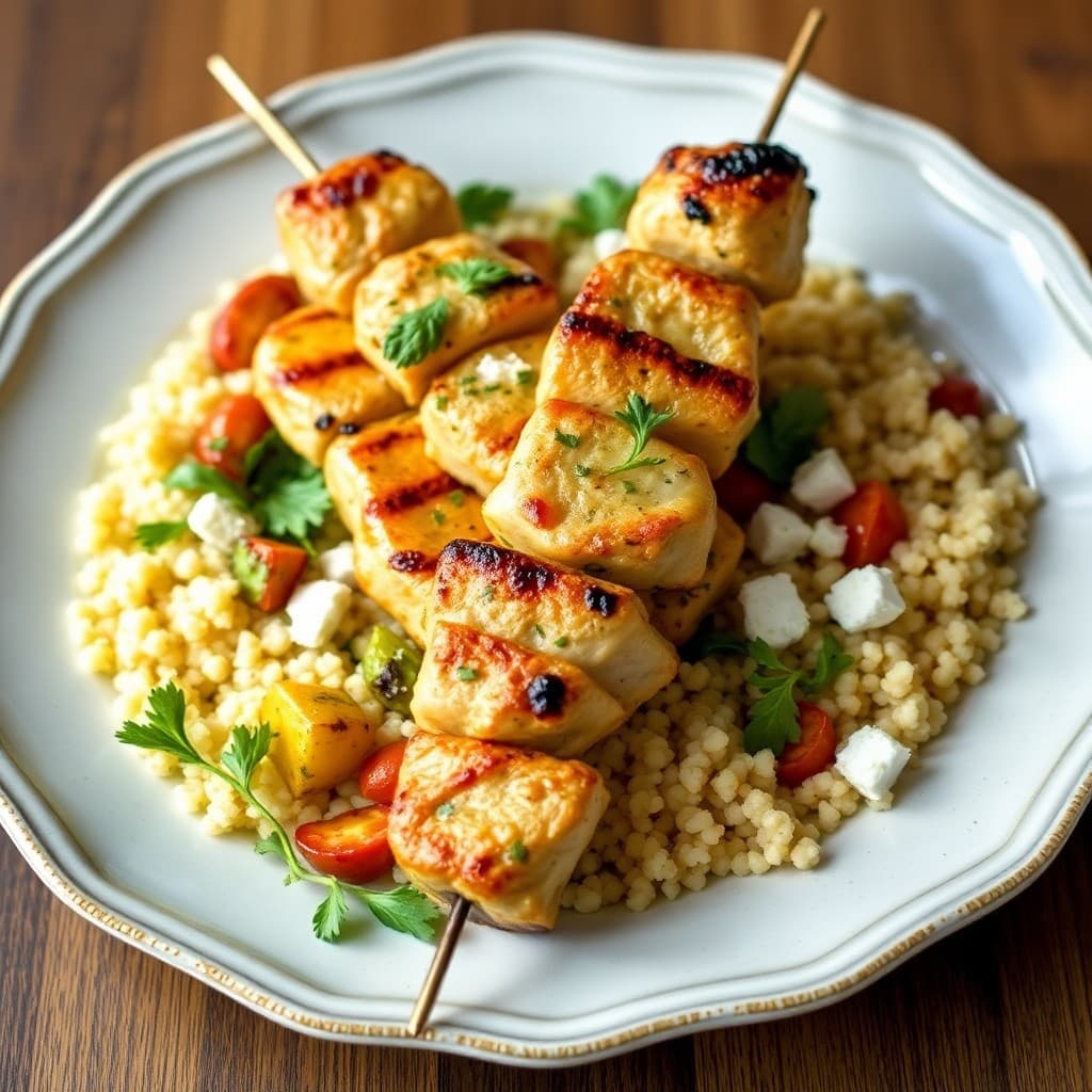 Lemon-Herb Chicken Skewers with Mediterranean Couscous