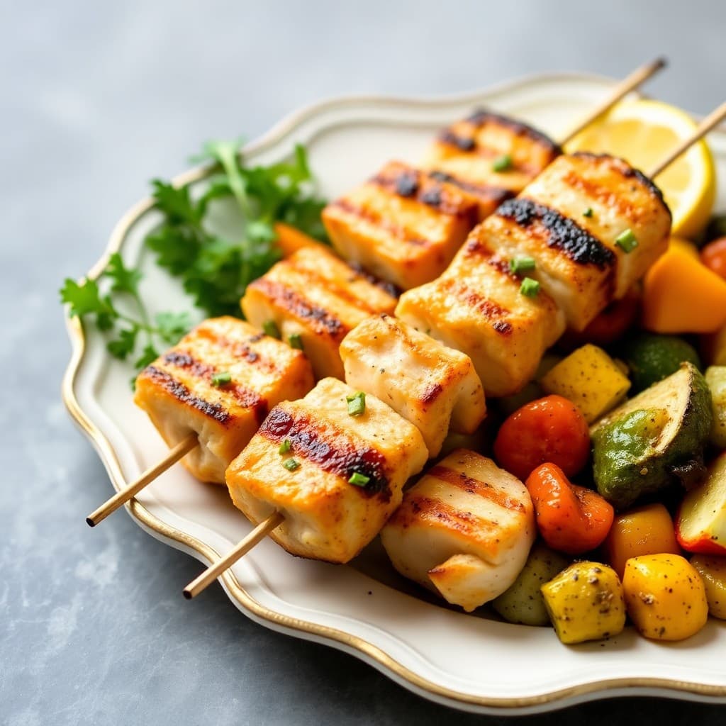 Grilled Lemon-Garlic Chicken Kabobs with Roasted Veggie Medley