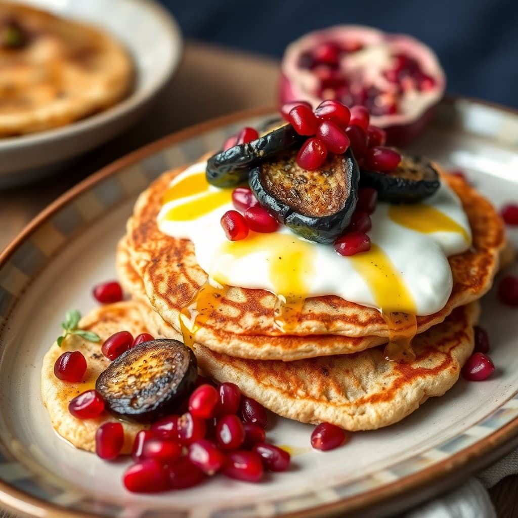 Turkish Za'atar Yogurt Pancakes with Roasted Eggplant & Pomegranate