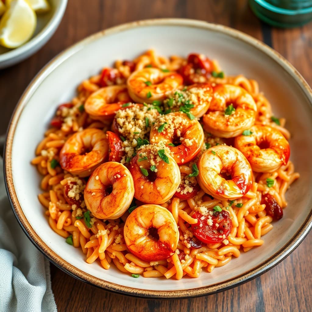 Spanish Gambas al Ajillo with Charred Tomato Orzo & Crispy Garlic Breadcrumbs