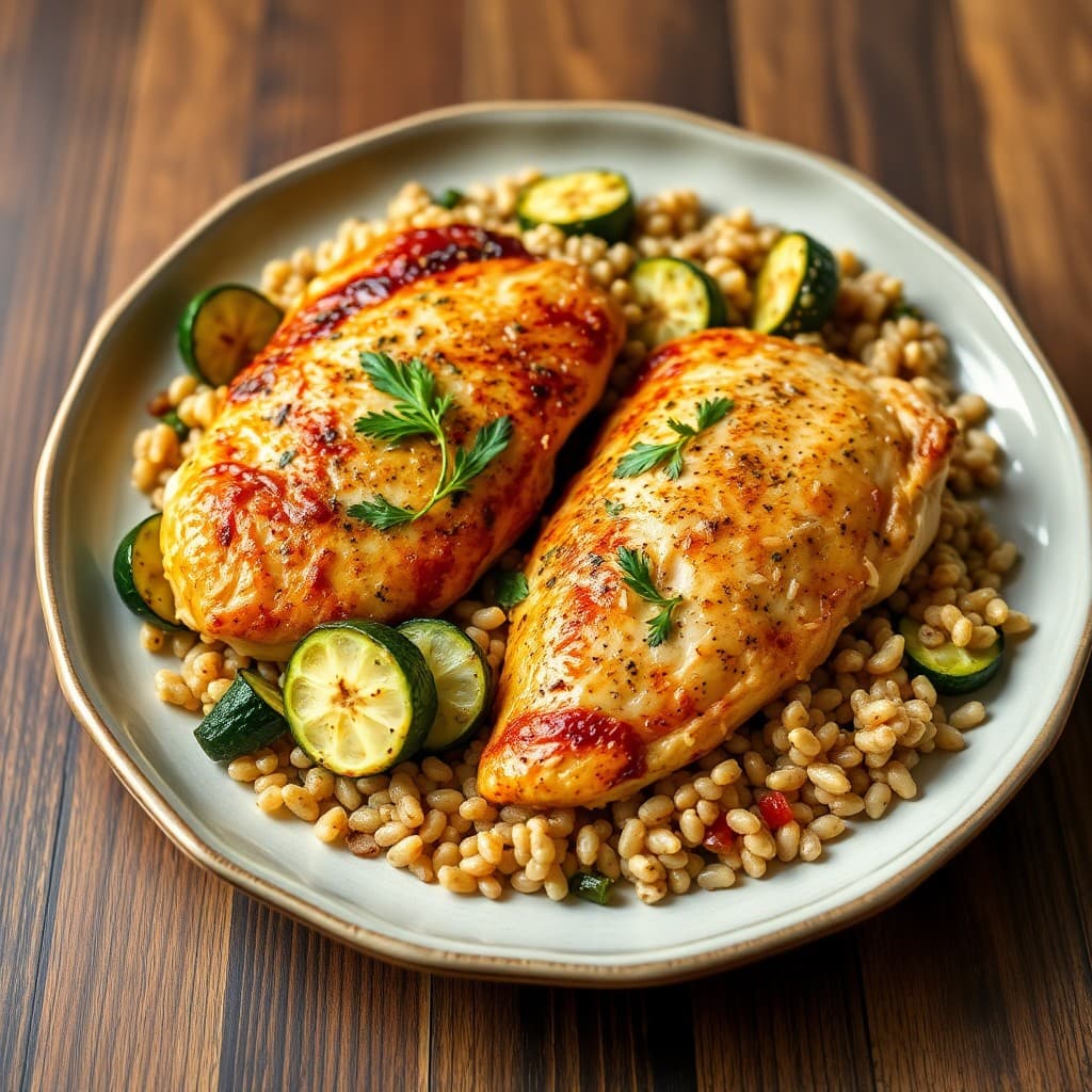 Seared Garlic Lemon Chicken with Roasted Zucchini and Farro