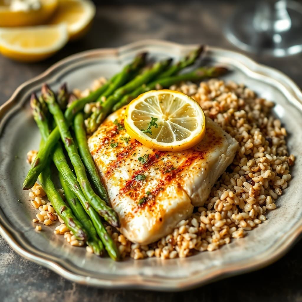 Grilled Lemon-Garlic Tilapia with Roasted Asparagus and Farro