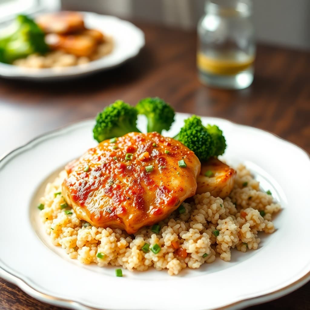Seared Ginger-Garlic Chicken with Roasted Broccoli and Quinoa