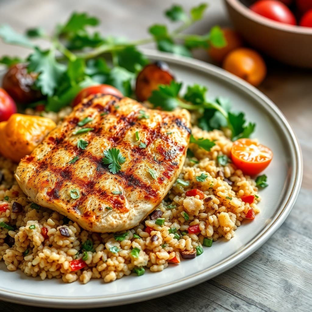Mediterranean Grilled Chicken with Bulgur and Roasted Vegetables