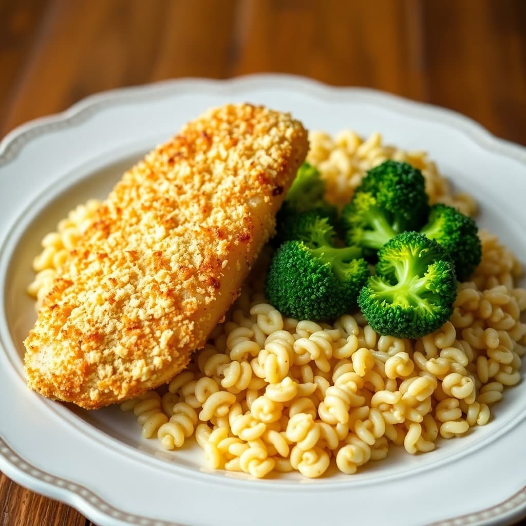 Zesty Parmesan Crusted Chicken Tenders with Roasted Broccoli & Garlic Butter Orzo