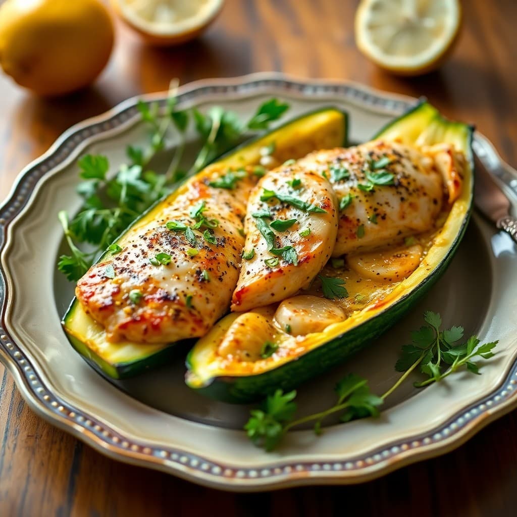 Lemon-Garlic Chicken Zucchini Boats