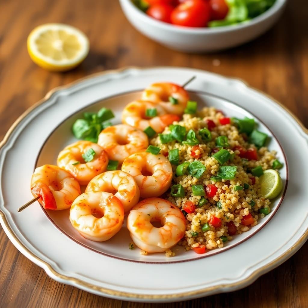 Lemon Garlic Shrimp Skewers with Greek Quinoa Salad