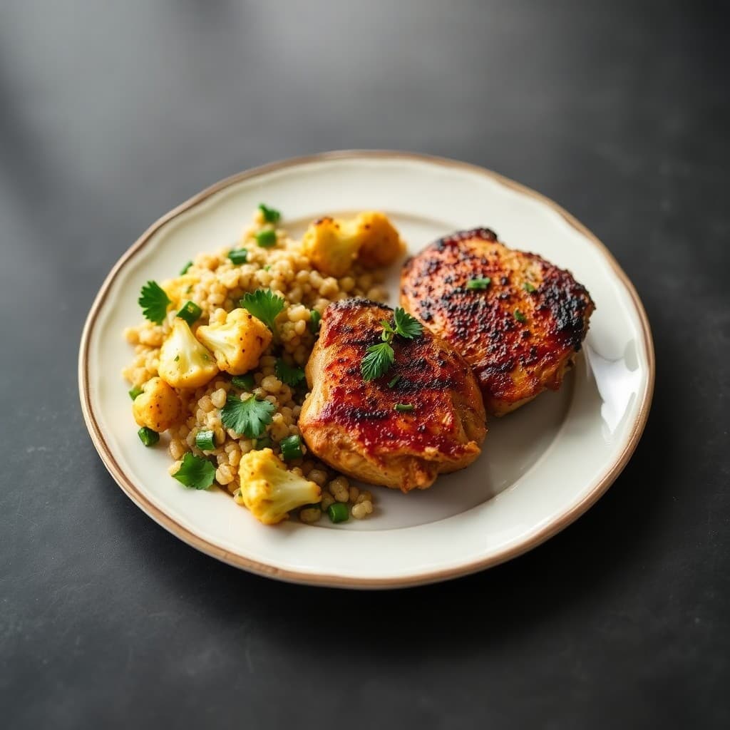Seared Chicken Thighs with Roasted Garlic Cauliflower and Barley Salad