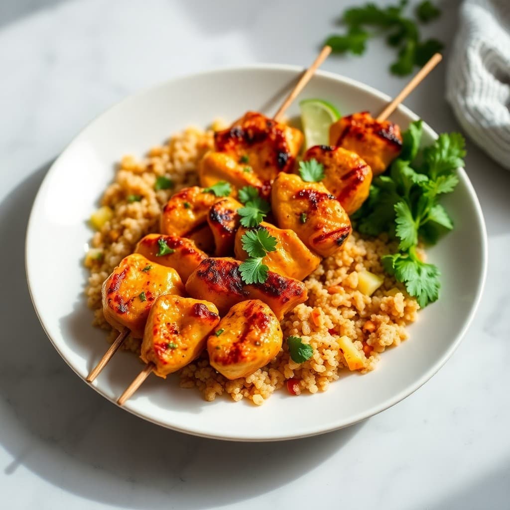 Zesty Thai Coconut Chicken Skewers with Pineapple Fried Quinoa