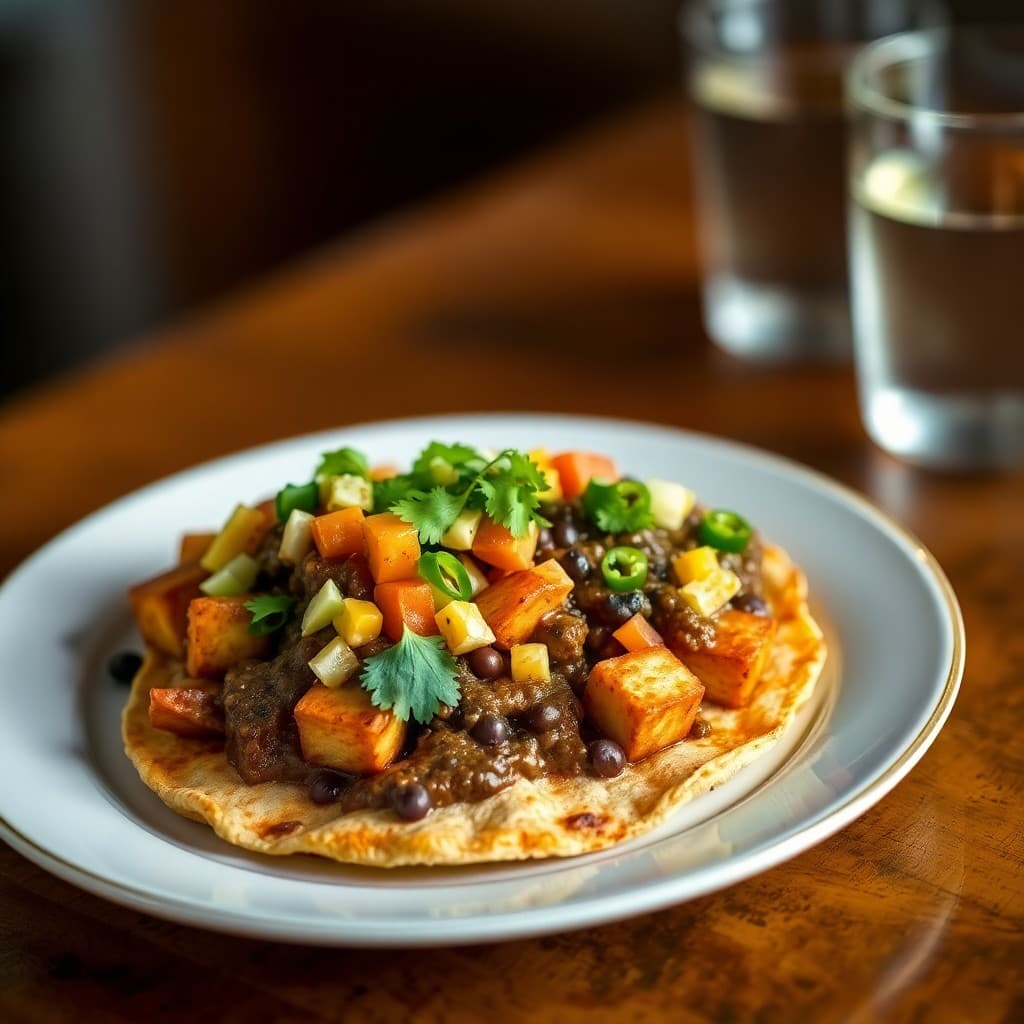 Mexican-Spiced Crispy Tofu Tostadas with Black Bean Mole & Charred Corn Salsa