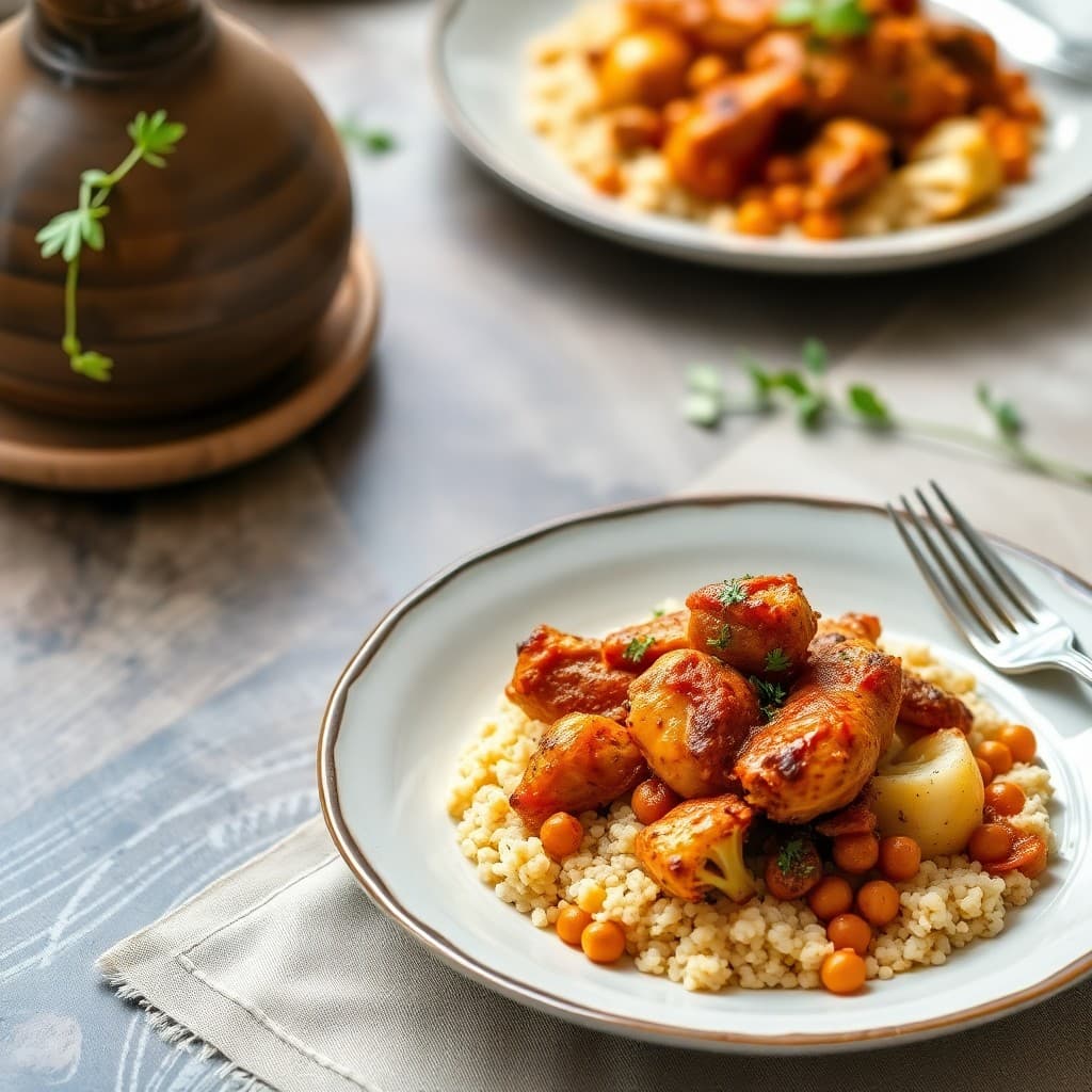 Moroccan Spiced Chicken Tagine with Roasted Cauliflower and Chickpea Couscous