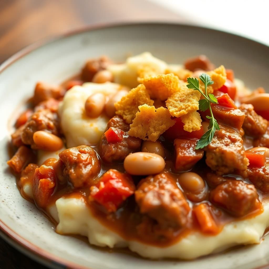 Spanish Saffron Seitan & White Bean Estofado with Crispy Garlic Croutons