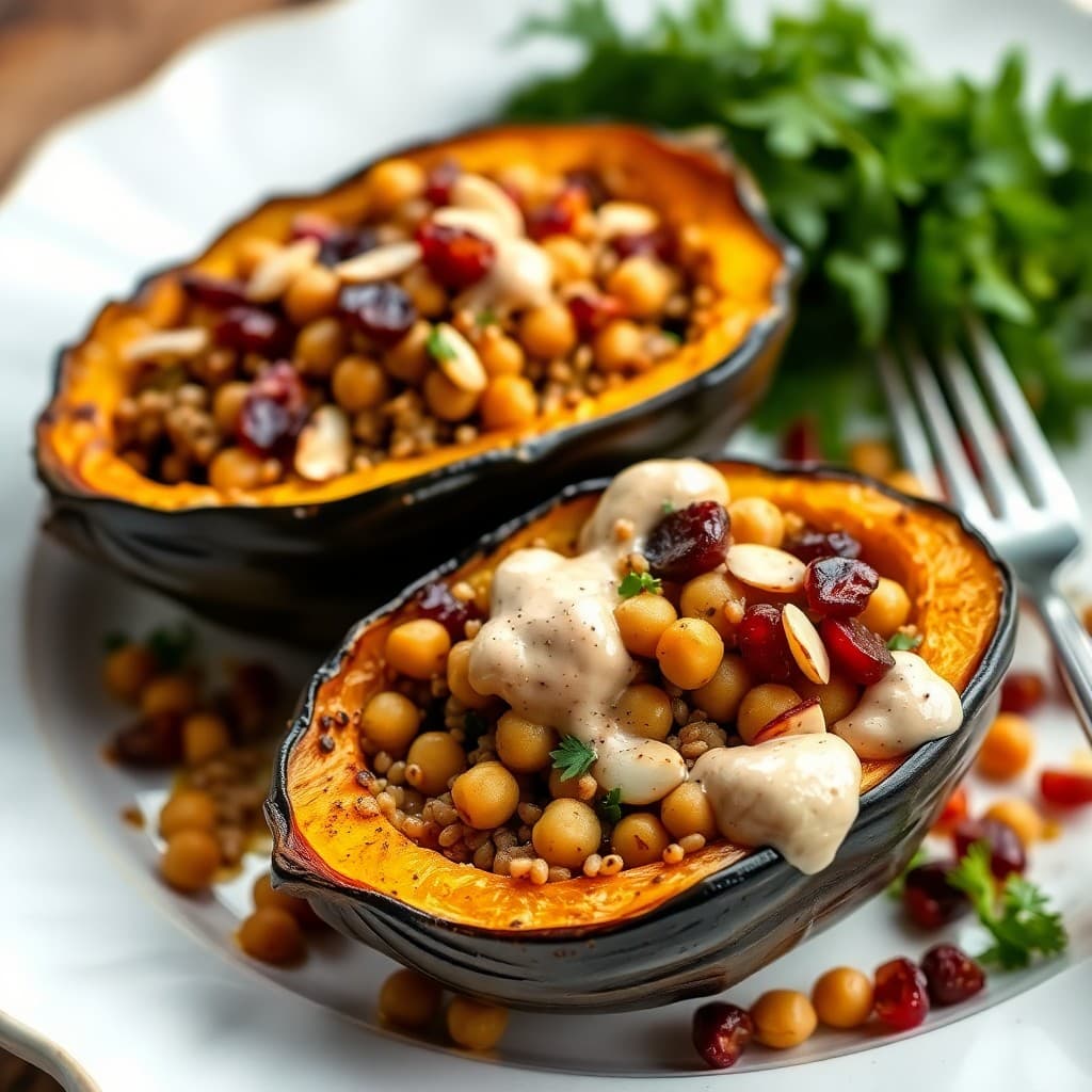 Moroccan-Spiced Chickpea & Farro Stuffed Acorn Squash with Pomegranate-Tahini Drizzle